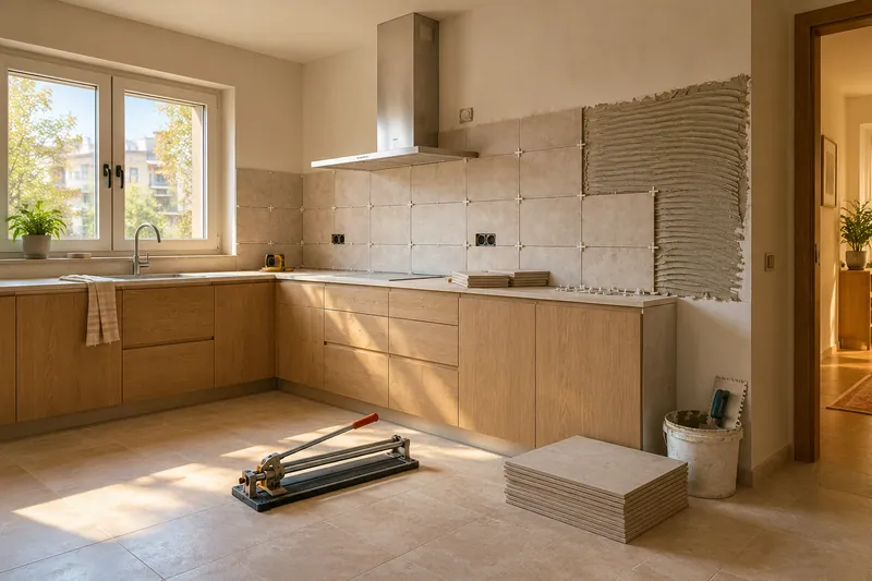 Visualización conceptual IA: Colocación de azulejos con separadores y adhesivo sobre una pared de cocina.